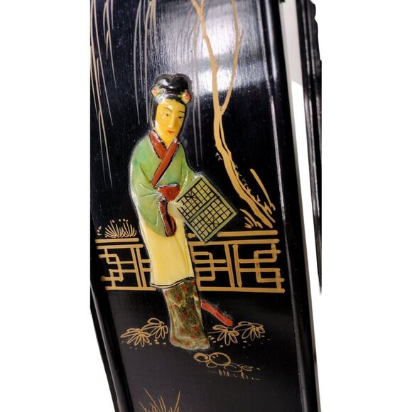 Vintage 1950s Geisha Lacquered Bamboo Abalone Paneled Tabletop Screen Divider - Picture 7 of 12